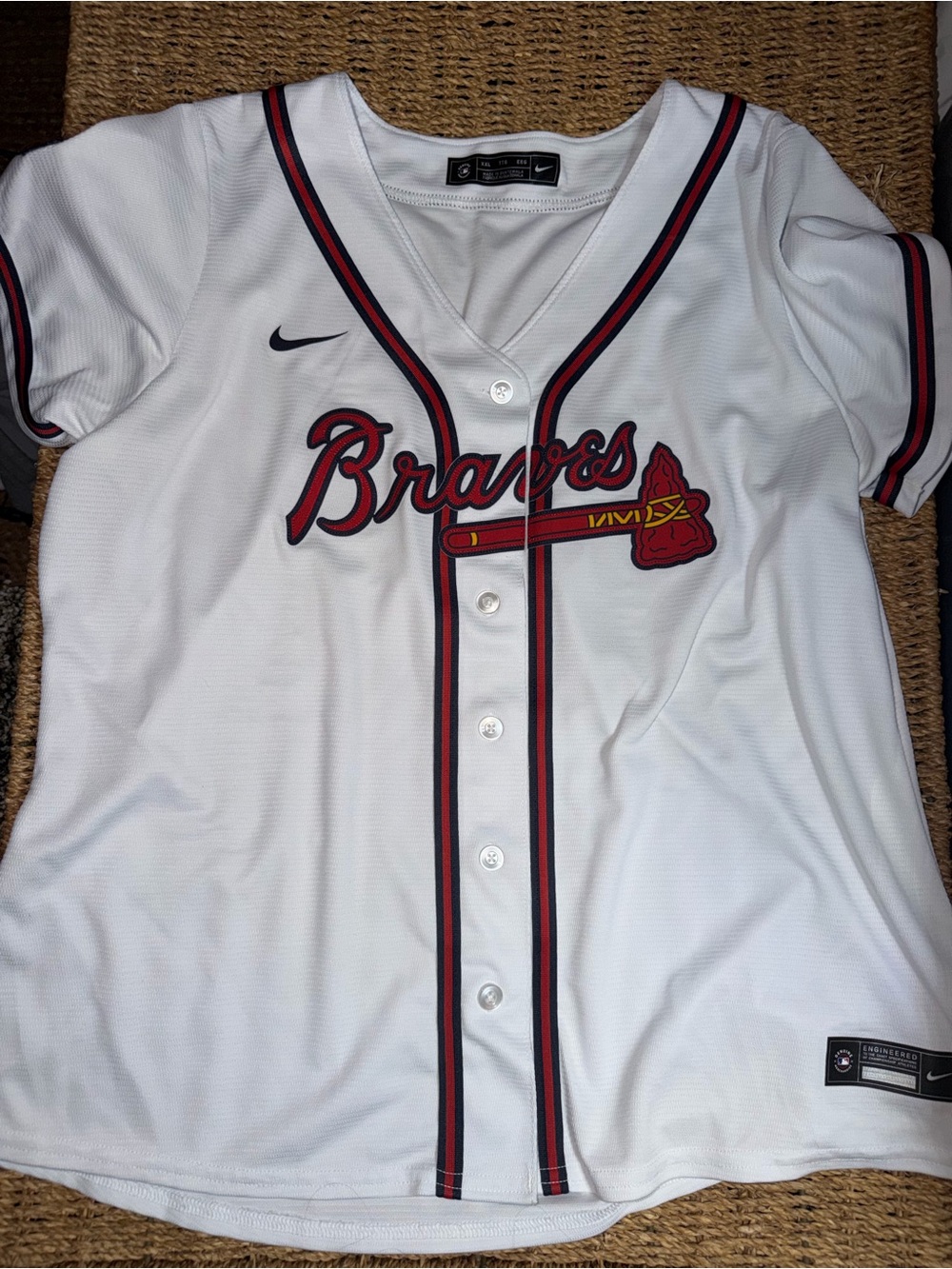 Nike White Braves Button-Front Baseball Jersey with Red & Navy Trim
